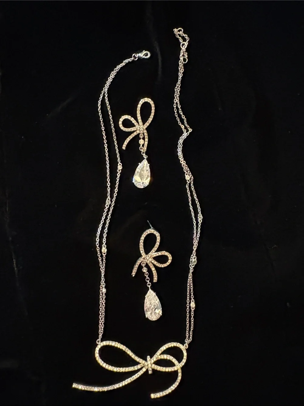 Crystal Bowknot Pendant Necklace & Drop Earrings Set Bridal, Weddings, Prom
